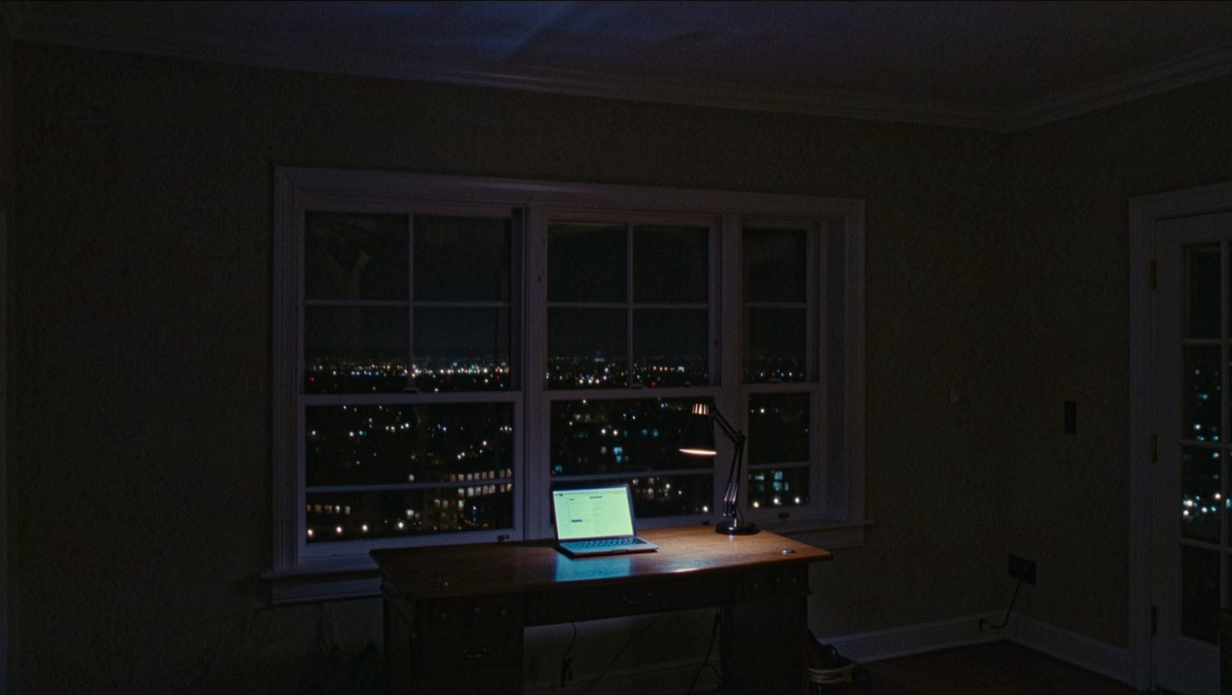 Escritório em casa às três da manhã com um notebook aceso na mesa