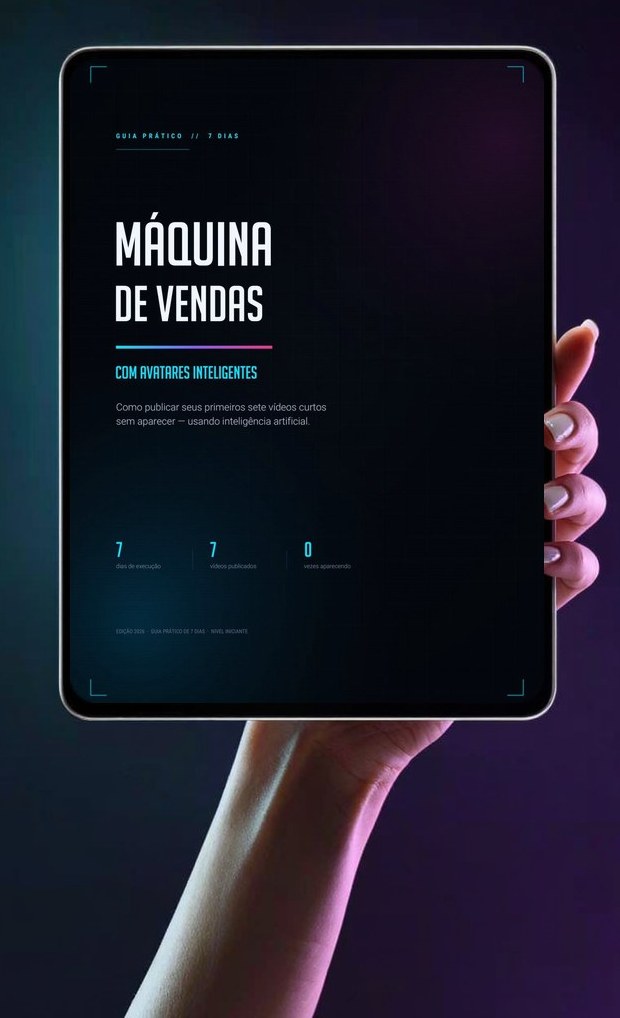 Mão segurando um tablet com a capa e o conteúdo do guia Máquina de Vendas com Avatares Inteligentes na tela