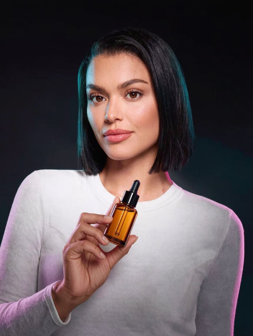 Influencer digital apresentando um sérum facial